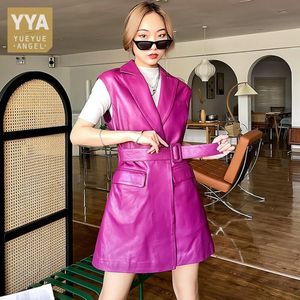 革の新しい女性ミッドロングシープスキン本物のレザーベストコートスリムフィットベルトの袖なしのウエストコートストリートウェア秋のアウトウェアベストトップ