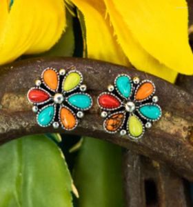 Stud Earrings Ethnic Water Droplets Inlaid Multicolor Stone For Women Vintage Silver Color Metal Carving Flower Jewelry