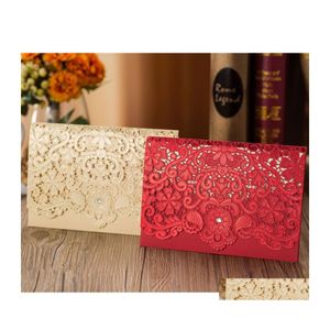 Cartões de felicitações 100pcs Red Gold Laser Cut Diamond Casamento Card Elegant Personalize Favor Event Party Decoração Delive Delive Dhsho