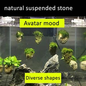 Dekorationer Fiskbehållare Suspenderad Stone med Moss Aquarium Dekorativa akvatiska växter Landskapsarkitektur Naturlig avatareffekt Rope 230505