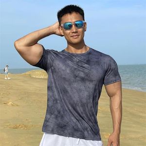 Camisetas masculinas de verão masculino de camisetas esportes de fitness rápido seco elástico elástico redondo de manga curta, executando roupas de treinamento