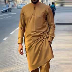 Herrspårar Summer Men set African Clothing Long Sleeve Solid Color Pocket Casual Shirt and Fashion Pants 2-Piece Set Duits For Men 230506