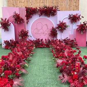 Flores decorativas Propções de casamento vermelho Flor artificial Ponte de fundo Ponto de fundo liderando parede de baile arranjo de pano de fundo el