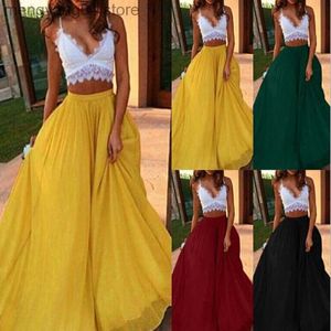 Skirts Chiffon Long Skirt Elegant Solid Color Skirt Summer Autumn Women's High Waist Double A-line Boho Style Beach Maxi Skirts Saias T230506