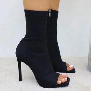 Boots Fashion Ladies Peep Toe Stretch Tyg Knitting Ankle Small Hole Hollow Out Breatble Dres High Heels Dance Shoes 230506
