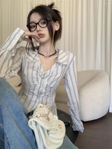 女性用ブラウス2023 Blusas Mujer de Moda V-Neck Long Sleeve Women Summer Sweet Ruffles Shirds Fashion Striped Tunic Blouse Tops女性