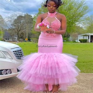 New Pink Black Girls Prom Dress For Birthday Party 2023 Halter African Mermaid Evening Gowns Tiered Tulle Lace Backless Formal Occasion Party Vestido De Fiesta 2023