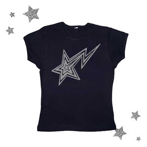 Damen T-Shirt Damen Harajuku Gothic Y2k Tops Star Print T-Shirts Damen Sexy T-Shirt Vintage 2000er Kurzarm Cropped Tee Fairy Crop Tops Z0506