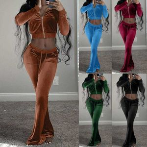 Women's Tracksuits Trendy Tracksuit Exposed Navel Long Sleeve Crop Top Flare Pants Sport Suit for Vacation Sporty Outfit Workout Sportswear P230506