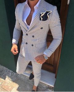 Abiti da uomo Blazer 2 pezzi Business doppio petto vestibilità regolare tacca bavero scozzese smoking da ballo in lana per pantaloni blazer da sposa 230506