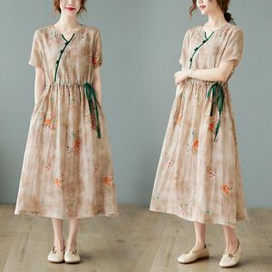 Dress Chinese Style Dress 2023 New Arrival Thin Soft Cotton Linen Print Floral Fashion Women Summer Dress Holiday Travel Casual Dress