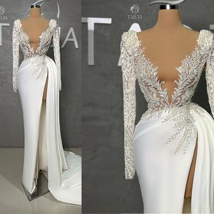 Lyxiga Wedding Dresses Mermaid Deep V Neck Lace Crystal Pärled Applices Women Formal Bride Gowns Custom Made Made