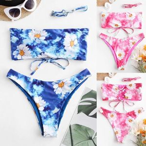 Women's Swimwear SAGACE Two Pieces Bikini Summer Beachwear Female Tube Top Tie-dye Print High Waist Split Swimsuit Women Set A618