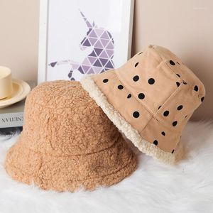 Berets Winter Double-sided Wearing Lamb Wool Hat Women Dot Solid Fleece Warm Bucket Outdoor Female Casual Thick Basin Cap