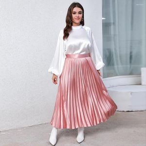 Testros femininos de duas peças Conjunto de moda elegante Mulheres roupas da primavera de saia plissada rosa redonda de manga longa de manga longa ladras combinando