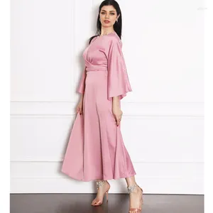 Casual Dresses Satin Bandage Maxi Dress Dubai Turkiet full ärm Hijab Evening Party Elegant Solid Arabic Islamic Clothing 2023