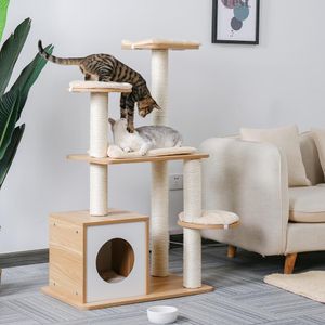 Когтеточки Быстрая доставка Pet Cat Tree Tower Кондо Деревянная когтеточка с когтеточкой для кошек Восхождение на дерево Игрушки Защита мебельного гнезда