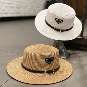 Flat Top Creative Straw Hat Delicate Designer Bucket Hat With Mini Belt Unique Casquette With Metal Triangle Travel Beach Designer Cap Trendy As Gift PJ066 B23