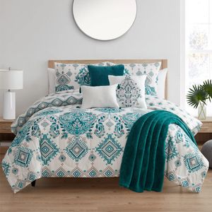 Sängkläder sätter VCNY Home Evergreen Bohemian 7-Piece Teal Damask Comforter Set Full/Queen Reversible 230506