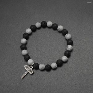 Bracciale da uomo in pietra naturale con perline di legno di lava nero opaco con ciondoli gioielli fatti a mano