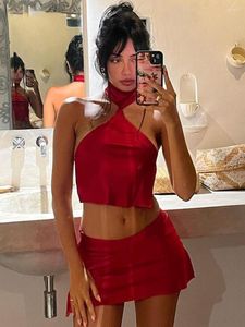 Sukienki robocze seksowne kantarne solidne guziki koronki Up Cute Camis Top Slit Spirt Red 2 -Piece Sets 2023 Summer Bandage Bandage Prezentacja plażowa