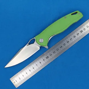 1Pcs A1961 Flipper Folding Knife D2 Satin Drop Point Blade Green G10 with Stainless Steel Sheet Handle Outdoor Camping Ball Bearing Fast Open EDC Folder Knives