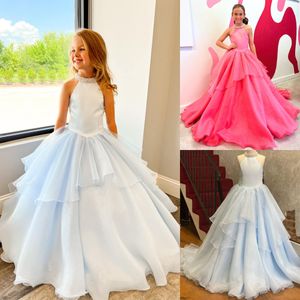 Vestido longo para menina azul gelo claro 2023 cristais miçangas babados organza criança festa formal vestido longo adolescente pequena senhorita frente única decote fúcsia