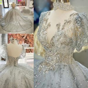 Princess Silver Gillter Quinceanera klänningar pärlor pärla kristall applikation snörning korsett prom söt 16 klänning vestidos de 15 anos