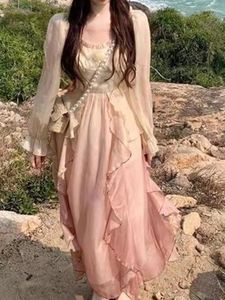 Повседневные платья летние розовые шифоновые винтажные сладкие платья Женщины Франция Элегантная вечеринка Миди Женщина Корейский стиль с длинным рукавом 2023