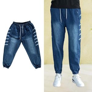 Mäns jeans blå svart baggy män hip hop pojkar avslappnad elastisk midja byxor bred ben long street stil ungdom modebrev