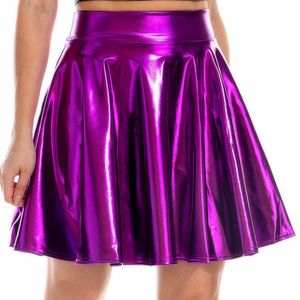 Kjolar sommar sexig laser hög midja mini pu läder kjol klubb fest dansa glänsande holografiska kjolar harajuku jk metalliska veckade kjolar 230506