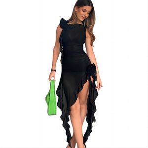 Vestidos casuais Amandina Luxe 3D Flor Veja através de vestido transparente sexy Mini vestido de verão Z0506