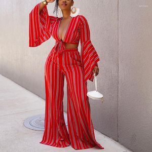 Women's Tracksuits 2 Piece Outfit For Women Long Sleeve Sexy Crop Top Wide Leg Pants Matching Set Tracskuit Fashion Striped Print African