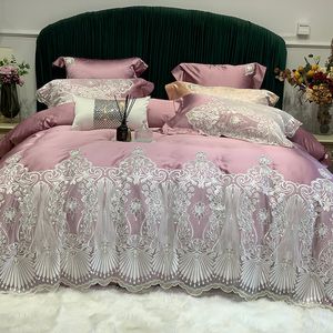 Sängkläder sätter hög precision Brocade Cotton Luxury Princess Wedding Spets Bedbling Set Däcke Cover Set Bed Sheet eller Quilted Bed Bead Pudow Case 230506