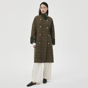 Jackets femininos Autumn e inverno Tweed Wool Coat de tweed lã 2023 Vintage Sub Green Green xadrez de colarinho de gola de comprimento médio