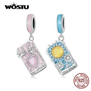 Charms WOSTU 925 Sterling Silber Rosa Herz Blau Tarotkarten Liebhaber Charm Anhänger Passen Original DIY Armband Halskette Geburtstag Schmuck 230506