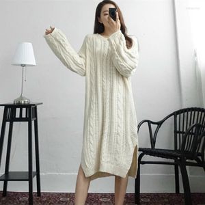 Casual Dresses Autumn Winter Knit Pullover Sweater Dress Long Sleeve Women Korean Style Side Slit Thicken Knitted Vestidos Robe