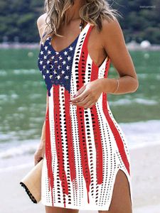 Independence Day Women's Swimwear American Flag Hollow Out Slit Crochet Cover Up Women Summer Beach Sleeveless Tank Dress 4th Of July Dresses 2023