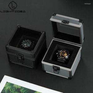 Watch Boxes Metal Box Single Square Aluminum Alloy Case Storage Portable With Pillow Anti-collision Transparent Glass