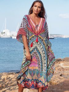 Women's Swimwear 2023 Moroccan Kaftan Bohemian Printed Summer Dress Long Tunic Women Plus Size Beach Wear Swim Suit Cover Up Robe de plage 230506