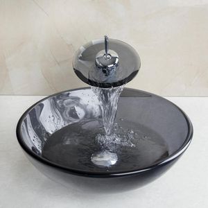 Bathroom Sink Faucets YANKSMART Tempered Glass Vessel Faucet Bowl Waterfall Spout Round Basin & Cold Water Mixer Tap Counter Top