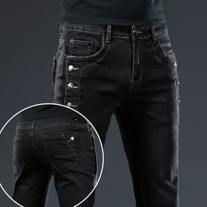 Mäns jeans trendiga män kläder smala knapp svart jeans fast färg stretch skateboard multi-knapps ungdom han mager denim byxor 230506