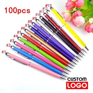 Penne a sfera 100 penne per ogni confezione Mini Metal 2in1 Stylus Penna a sfera universale Incisione di testo Penna pubblicitaria per ufficio scuola personalizzata 230505