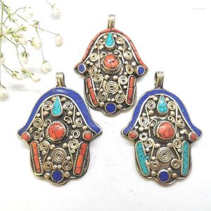 Pendant Necklaces Buddha Hand Pendants Tibetan Ethnic Jewelry Buddhist Amulet Nepal Vintage Copper Inlaid Stone TBP305Pendant