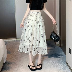 Skirts TIGENA Aesthetic Floral Print Chiffon Mid-length Skirt Women Summer Casual Holiday A Line High Waist Midi Long Skirt Female 230506