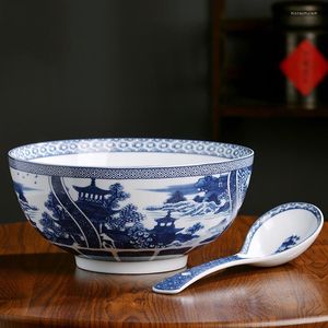 ボウル9インチJingdezhen Blue and White Porcelain Ramen Bowl濃厚セラミック中国の食器フルーツサラダミキシングコンテナアート