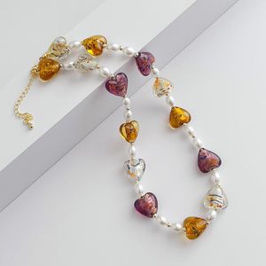 Choker Designer Glass Heart Pearl Patchwork Necklace Unique Jewelry For Women INS Color Pendant Clavicle Chain