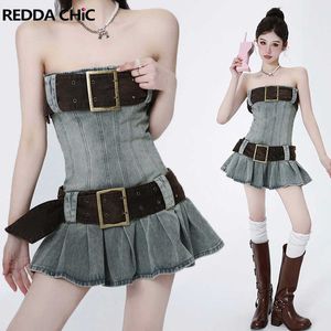 Vestidos casuais Reddachic Vintage Y2K 2000S Onepiece Corset Dress com cinto Mini curto jeans jeans plissados ​​gotos de verão Mulheres Bodycon Z0506