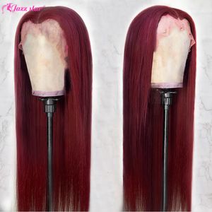 Lace Wigs Burgundy 13x4 HD Transparent Front Human Hair 99J Straight Frontal Wig For Women Pre Plucked Non Remy Jazz Star 230505