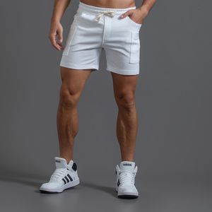 Herr shorts vita spår shorts män tränar elastisk midja knä längd svett shorts joggare män sommar träning fitness gym shorts med ficka 230506